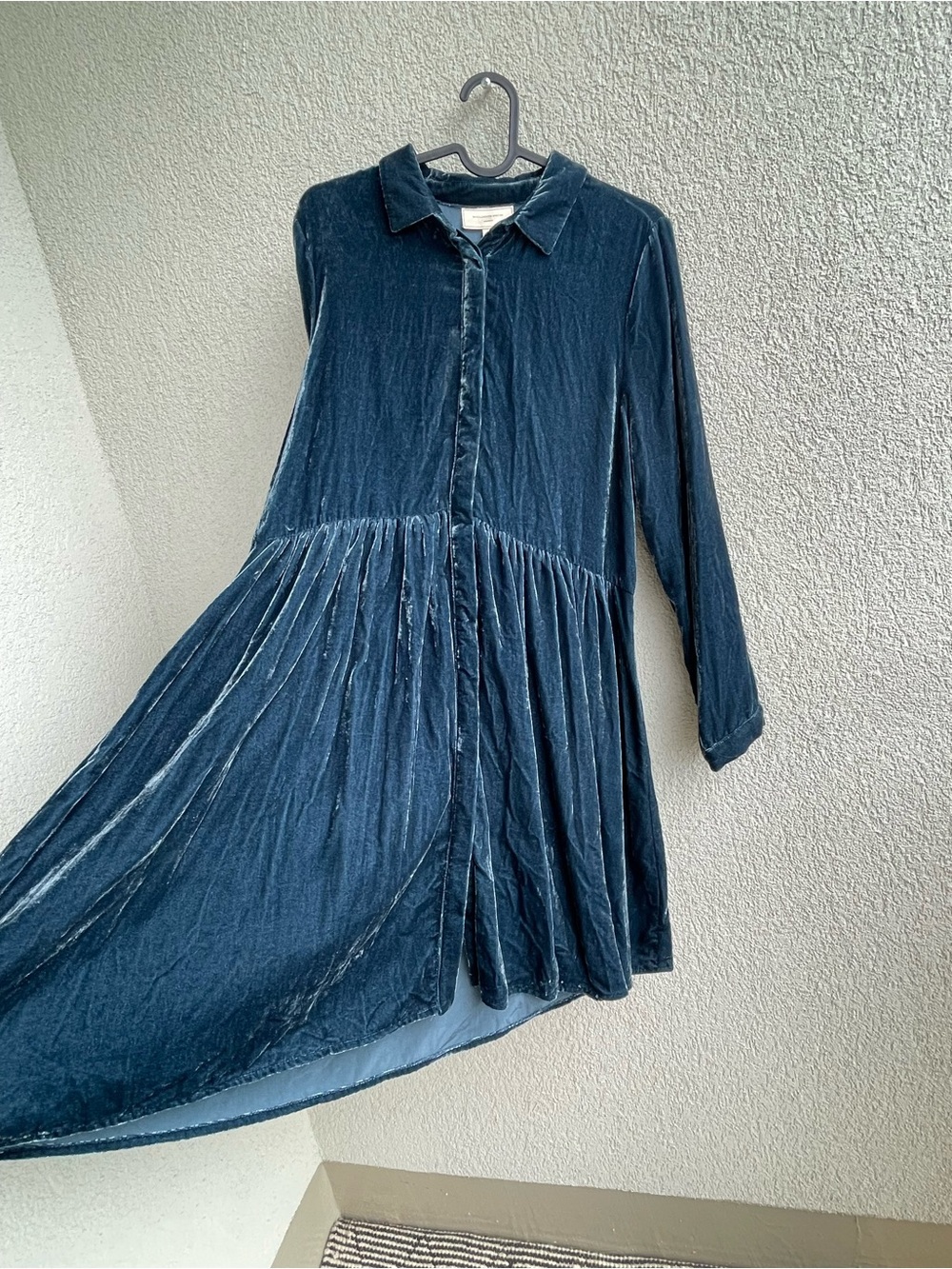 Button-Front Long Sleeve Velvet Dress in Deep Teal